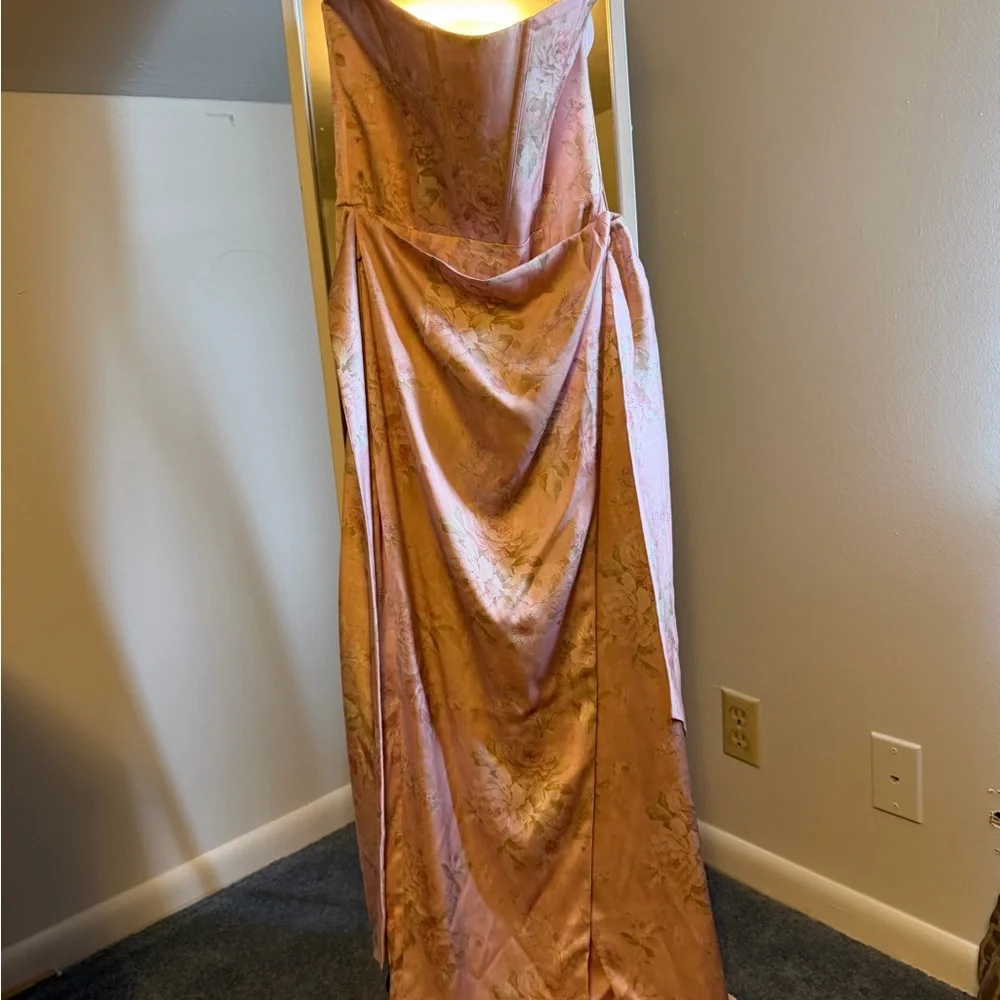 V. Chapman Strapless Blush Pink Floral Satin Gown - Picture 2 of 2